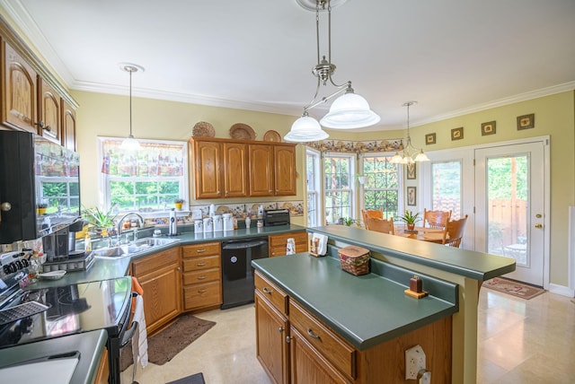 kitchen with a kitchen island, decorative light fixtures, sink, black appliances, and crown molding