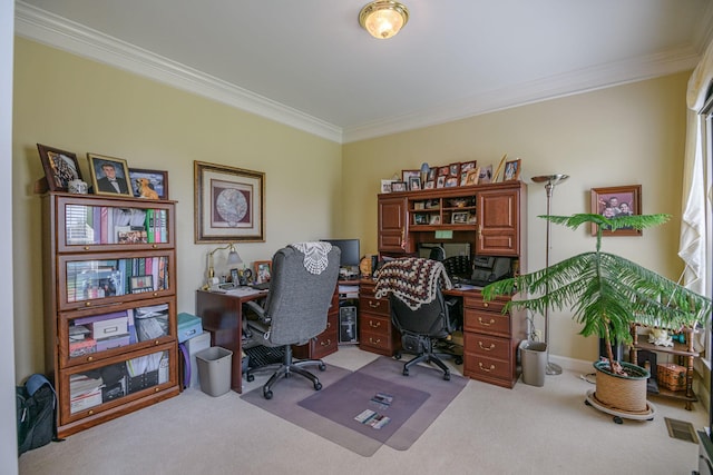 office space with light carpet and crown molding