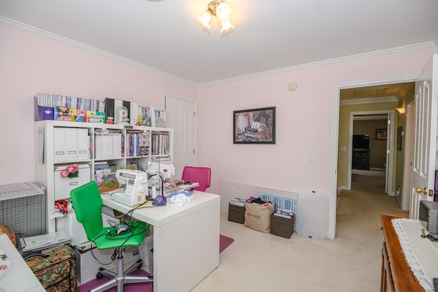 carpeted office featuring ornamental molding