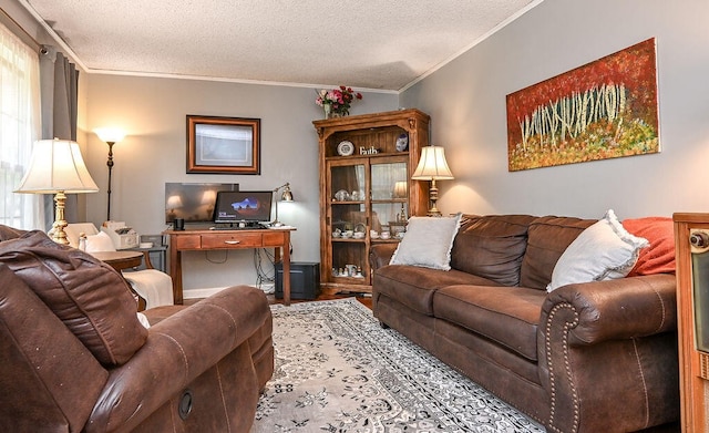 living room with a textured ceiling and ornamental molding