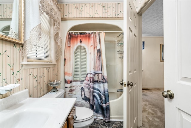 full bathroom with ornamental molding, a textured ceiling, vanity, shower / bath combo, and toilet