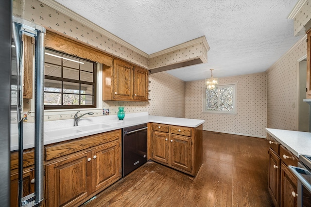 kitchen with stainless steel appliances, sink, dark hardwood / wood-style floors, a textured ceiling, and decorative light fixtures