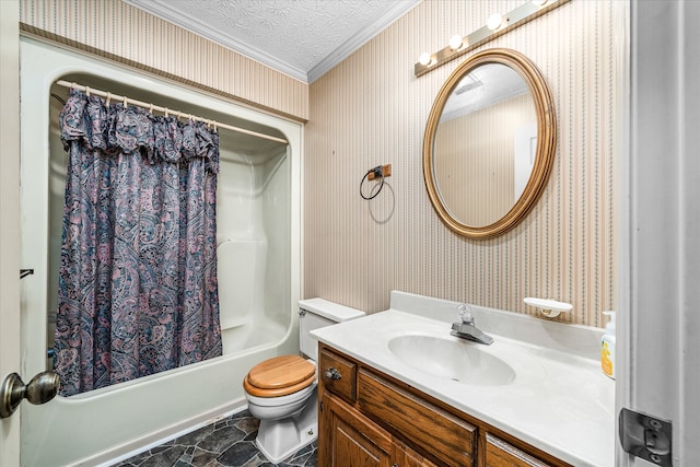 full bathroom featuring ornamental molding, a textured ceiling, shower / tub combo with curtain, vanity, and toilet