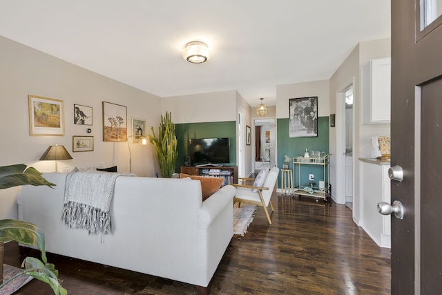 living room featuring dark wood-type flooring