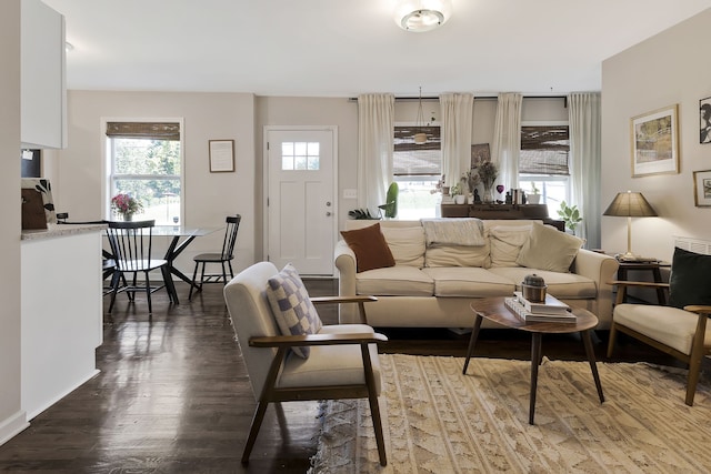 living room featuring dark hardwood / wood-style floors and a healthy amount of sunlight