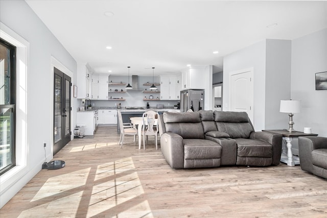 living room with light hardwood / wood-style floors and sink