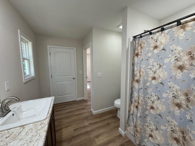 bathroom featuring a shower with shower curtain, toilet, vanity, and wood-type flooring