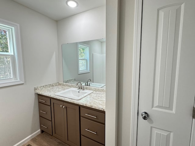 bathroom with hardwood / wood-style flooring and vanity