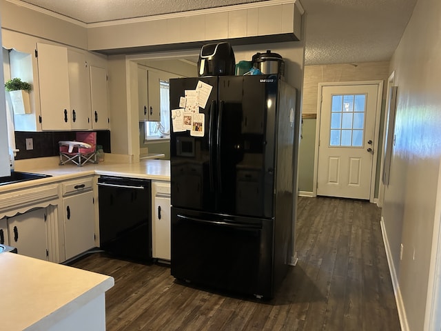 kitchen featuring a textured ceiling, black appliances, dark hardwood / wood-style floors, and white cabinets