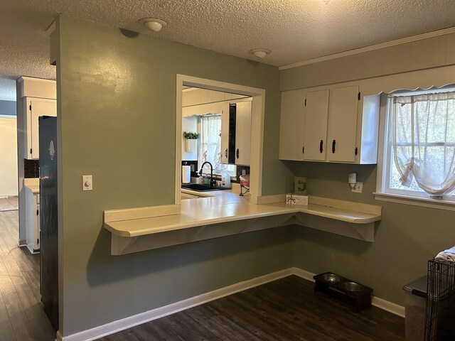 841 Asbury Dr, New Johnsonville, TN 37134 - kitchen featuring a textured ceiling, white cabinets, dark wood-style floors, a sink, and light countertops