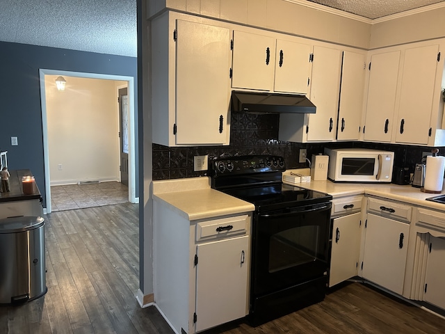 kitchen featuring dark hardwood / wood-style flooring, electric range, backsplash, white cabinets, and a textured ceiling