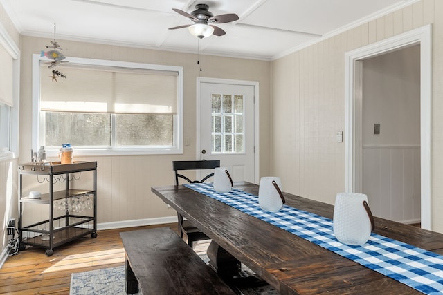 dining area featuring ornamental molding, ceiling fan, and wood-type flooring