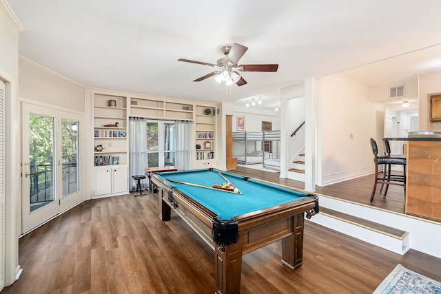 game room with hardwood / wood-style flooring, pool table, ceiling fan, and crown molding