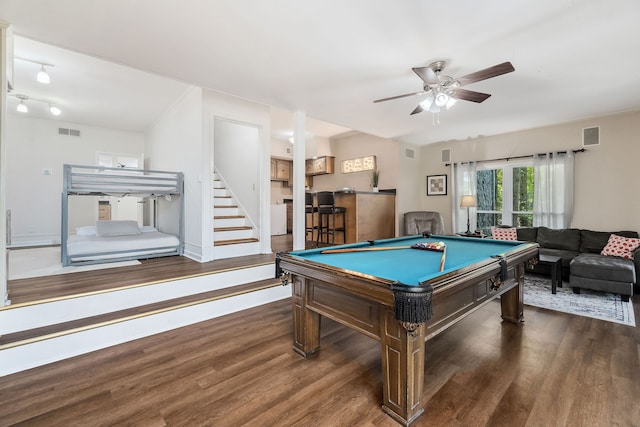 recreation room with pool table, dark hardwood / wood-style floors, and ceiling fan