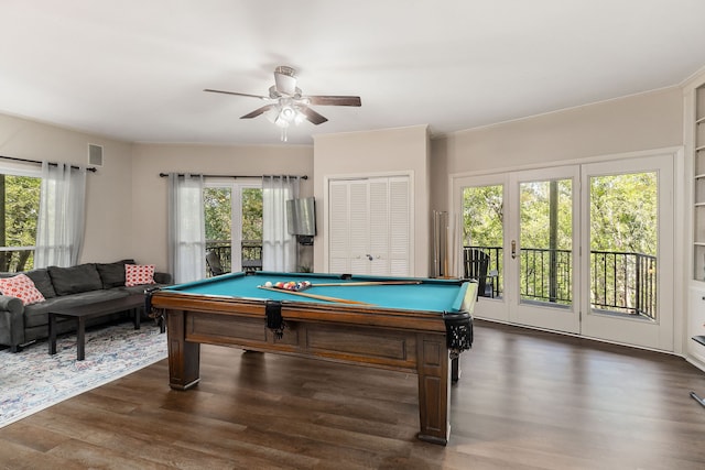 playroom with ceiling fan, ornamental molding, dark wood-type flooring, and pool table