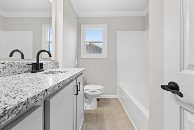 bathroom featuring tile patterned flooring, ornamental molding, vanity, and toilet