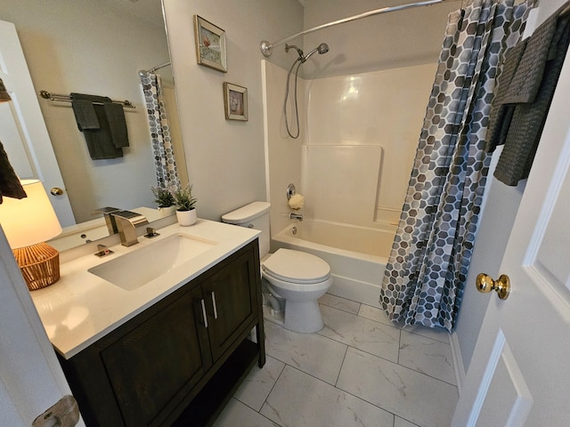 full bathroom featuring toilet, shower / tub combo, and vanity