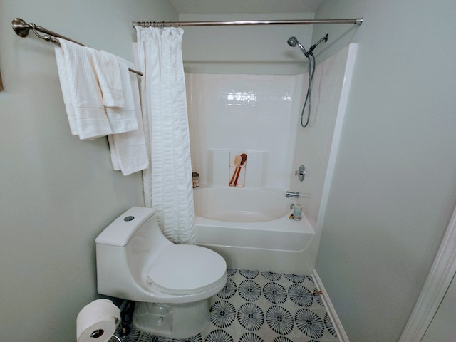 bathroom featuring toilet, shower / bathtub combination with curtain, and tile patterned floors