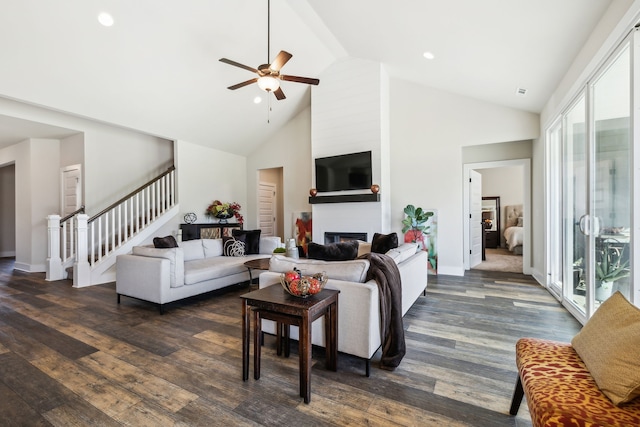 living room with high vaulted ceiling, dark wood-type flooring, and ceiling fan