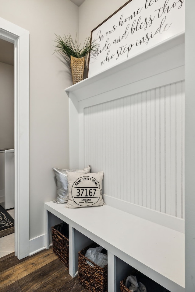 mudroom featuring dark wood-type flooring