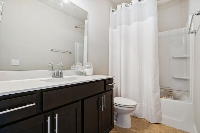 full bathroom featuring vanity, shower / bathtub combination with curtain, toilet, and tile patterned floors