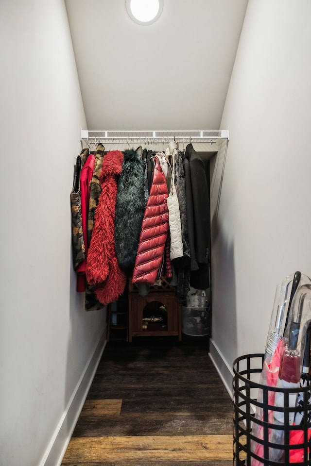 spacious closet with lofted ceiling and dark hardwood / wood-style flooring