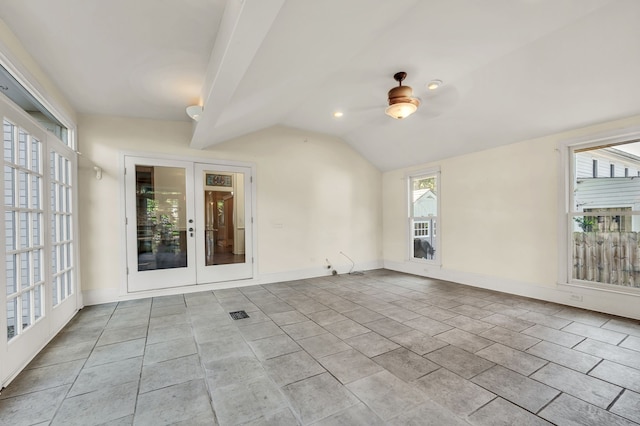 unfurnished room with lofted ceiling, french doors, and ceiling fan