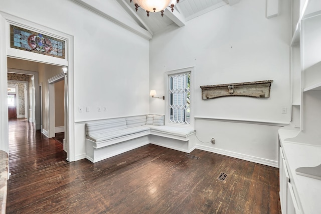 interior space with beamed ceiling, high vaulted ceiling, dark hardwood / wood-style flooring, and a wealth of natural light