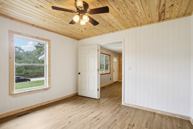 empty room with wood walls, light hardwood / wood-style floors, wooden ceiling, and ceiling fan