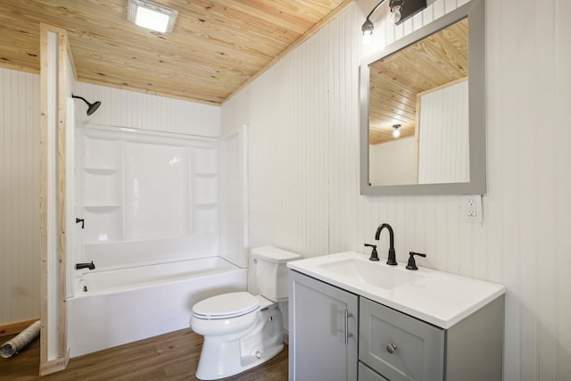 full bathroom featuring vanity, hardwood / wood-style flooring, wooden ceiling, shower / washtub combination, and toilet