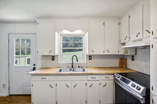 kitchen with electric stove, sink, a wealth of natural light, and white cabinetry