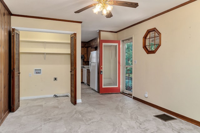 laundry room with ornamental molding, hookup for a washing machine, ceiling fan, and electric dryer hookup