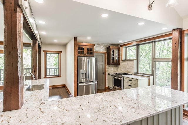 kitchen with light stone counters, stainless steel appliances, sink, and a wealth of natural light