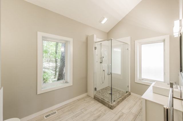 bathroom featuring hardwood / wood-style floors, vanity, vaulted ceiling, and a shower with shower door