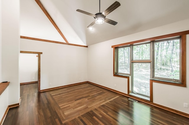 unfurnished room with ceiling fan, visible vents, wood finished floors, baseboards, and high vaulted ceiling