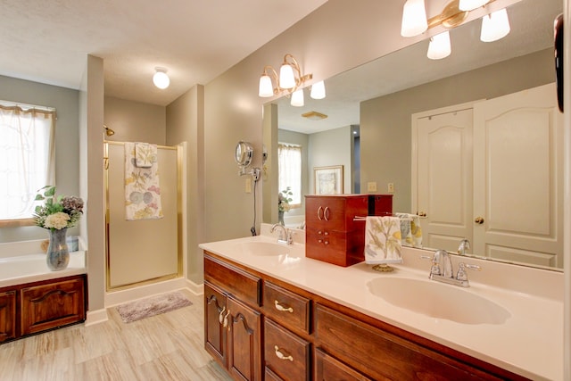 bathroom with separate shower and tub and vanity