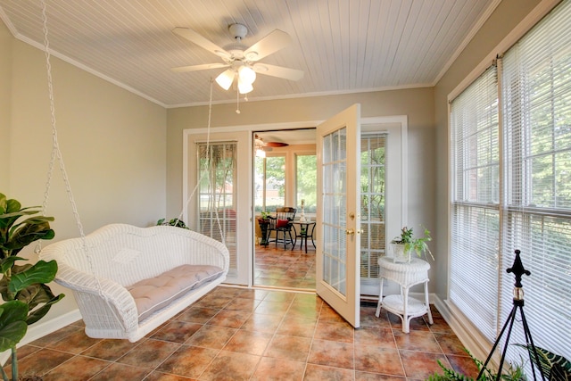 living area with ornamental molding, ceiling fan, french doors, and wooden ceiling