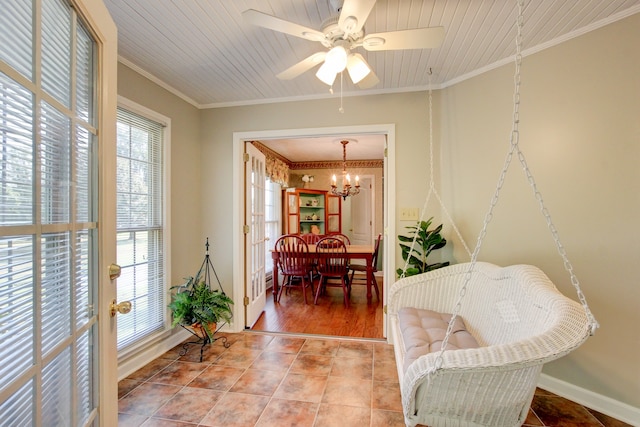 interior space featuring ornamental molding, light wood-type flooring, wood ceiling, and ceiling fan with notable chandelier