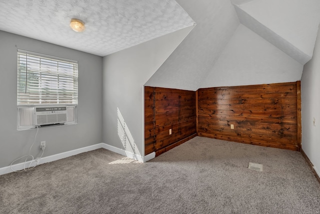 additional living space with vaulted ceiling, carpet flooring, and a textured ceiling