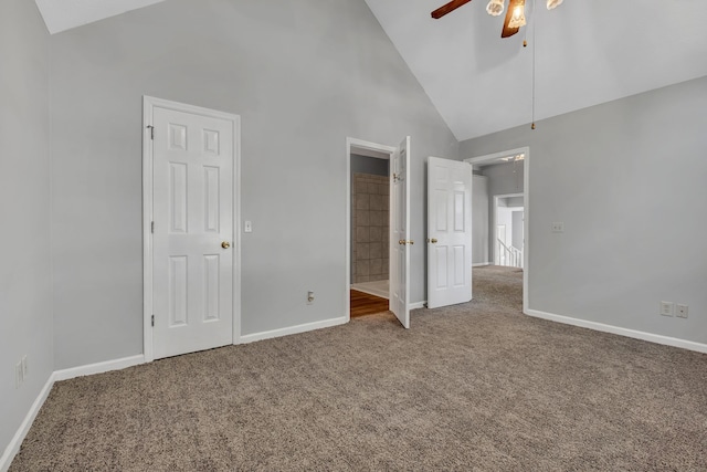 unfurnished bedroom with carpet floors, high vaulted ceiling, and ceiling fan