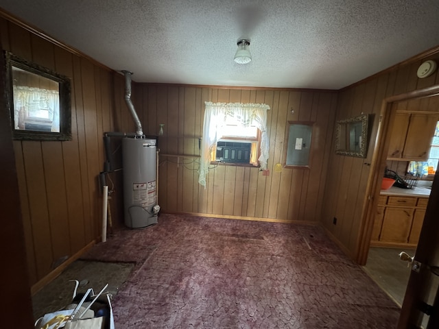 interior space featuring plenty of natural light, wooden walls, and water heater