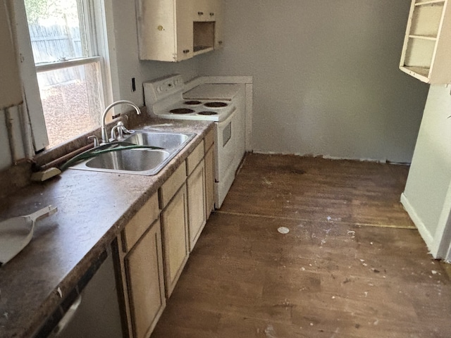 kitchen featuring white electric range, sink, and dark hardwood / wood-style flooring