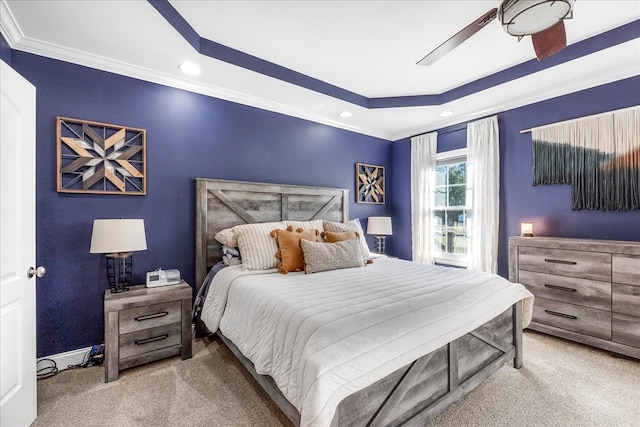 bedroom with crown molding, carpet flooring, and ceiling fan