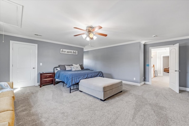 carpeted bedroom with crown molding and ceiling fan