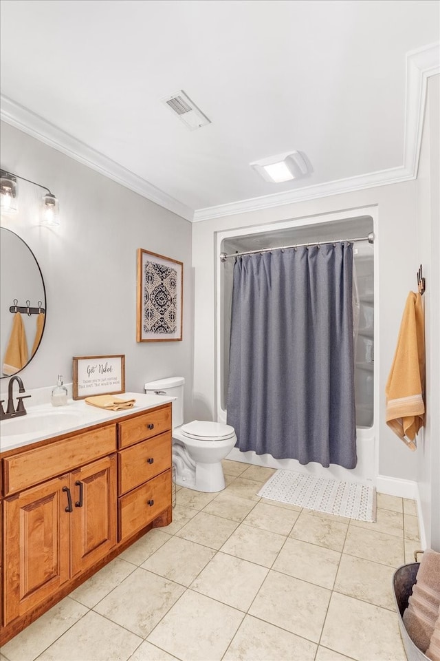 bathroom featuring ornamental molding, a shower with shower curtain, vanity, and toilet