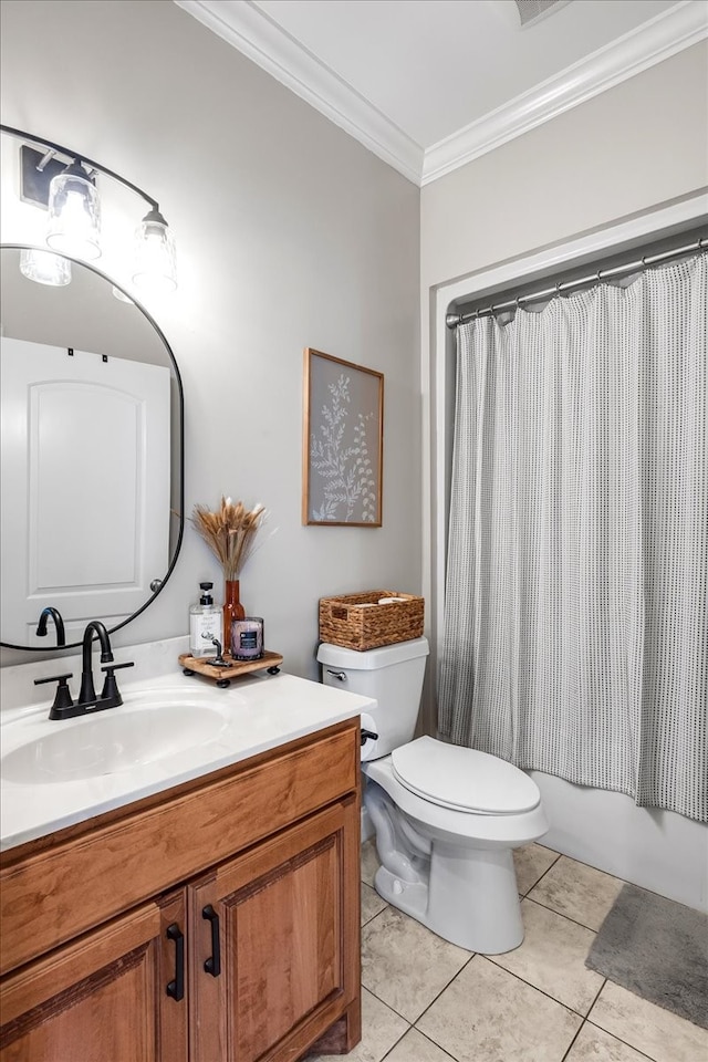 full bathroom featuring vanity, shower / bath combination with curtain, crown molding, tile patterned flooring, and toilet