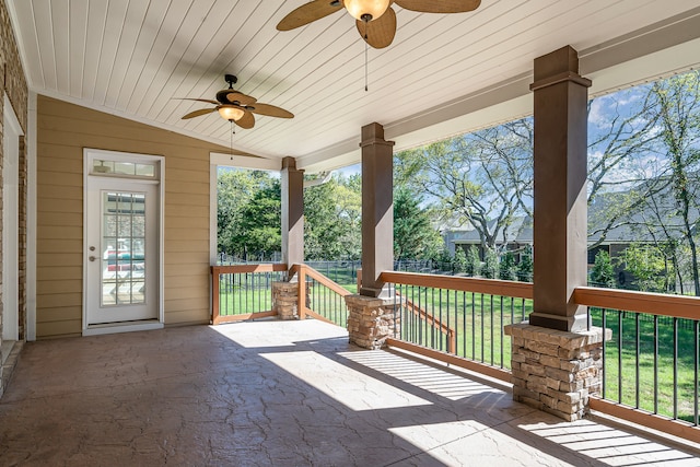 view of patio / terrace with ceiling fan and a porch