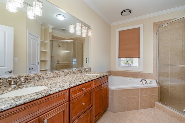 bathroom with plus walk in shower, crown molding, tile patterned floors, and vanity