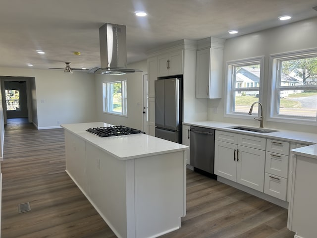 kitchen with a healthy amount of sunlight, sink, island exhaust hood, stainless steel appliances, and white cabinets