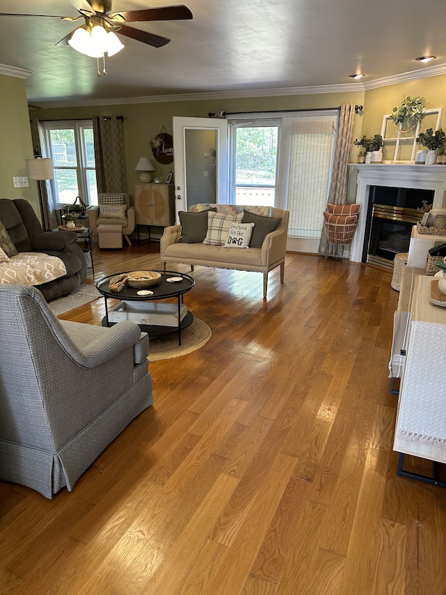 living room with crown molding, light hardwood / wood-style flooring, and a healthy amount of sunlight